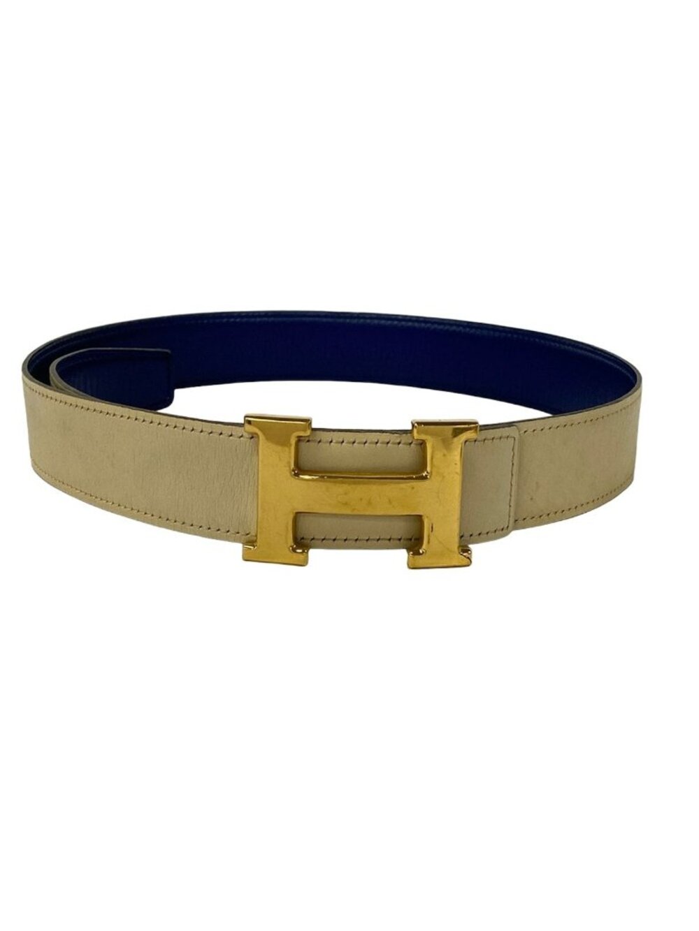 Hermes Belt 75 H Beige Blue Gold Leather